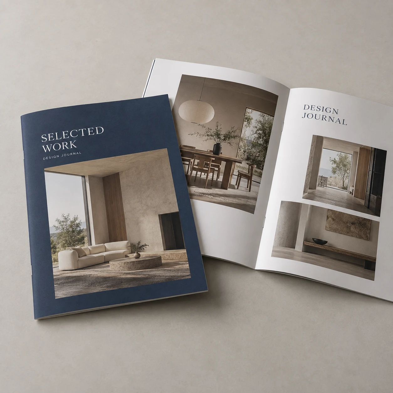 Saddle-stitched design portfolio booklet on a light studio surface