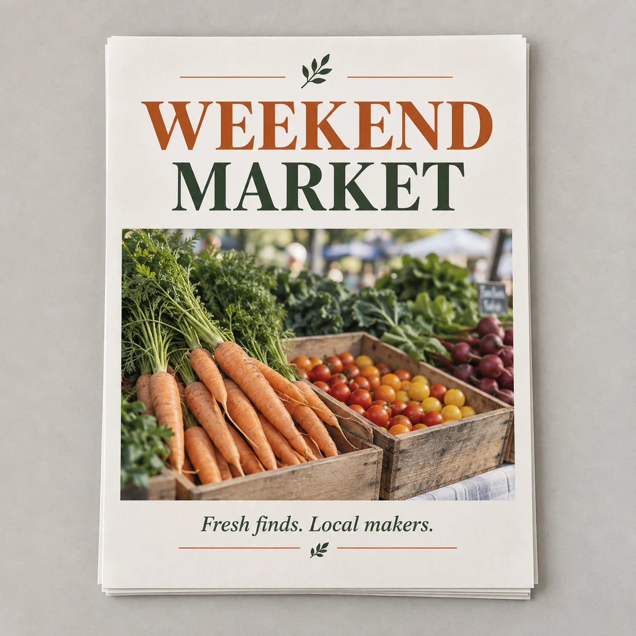 Printed market-event flyers with a produce photograph and green headings photographed on a light studio surface