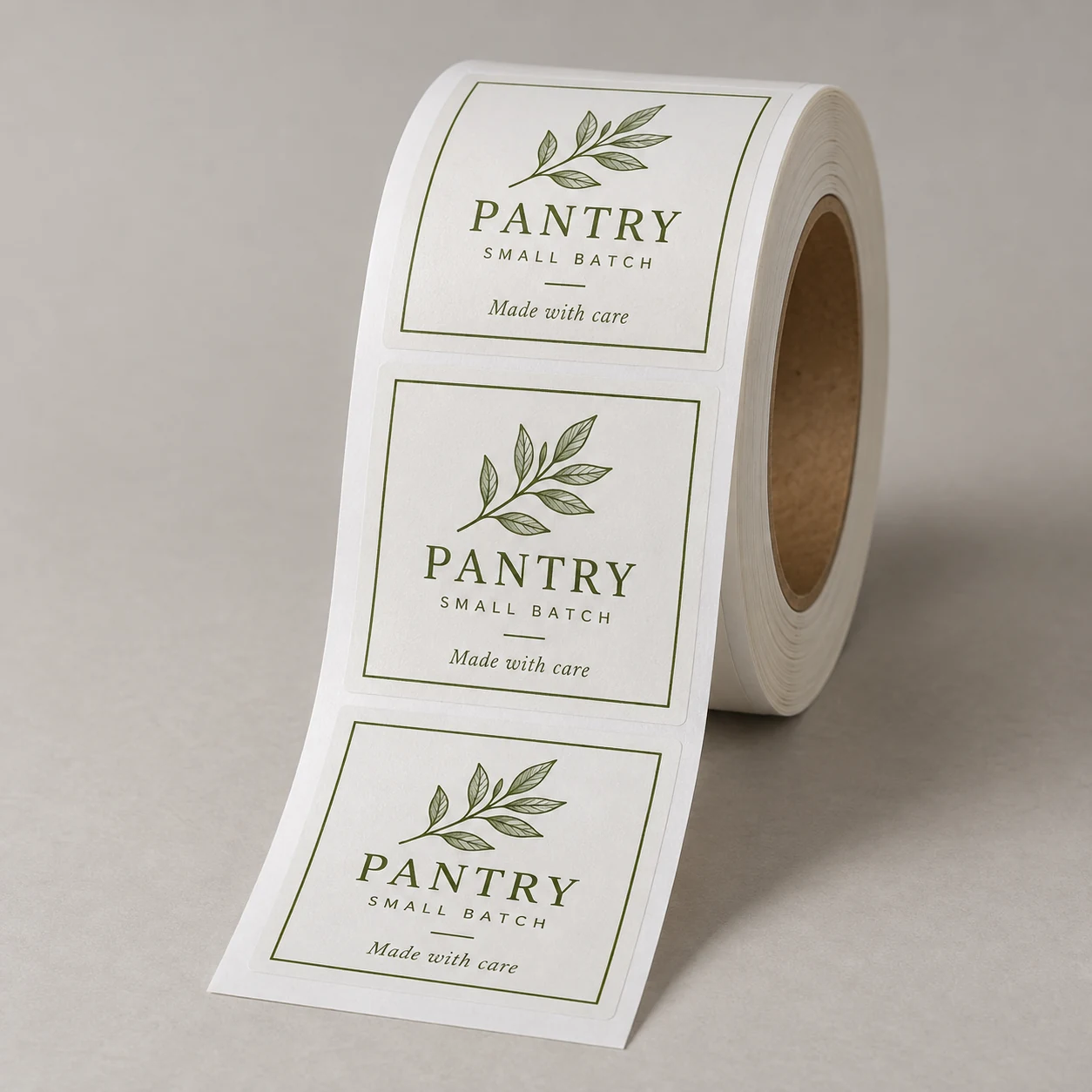 Roll of square artisan-food labels on a light studio surface