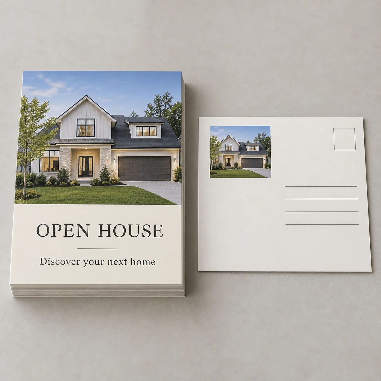 Open-house postcards with a contemporary home photograph on a light studio surface