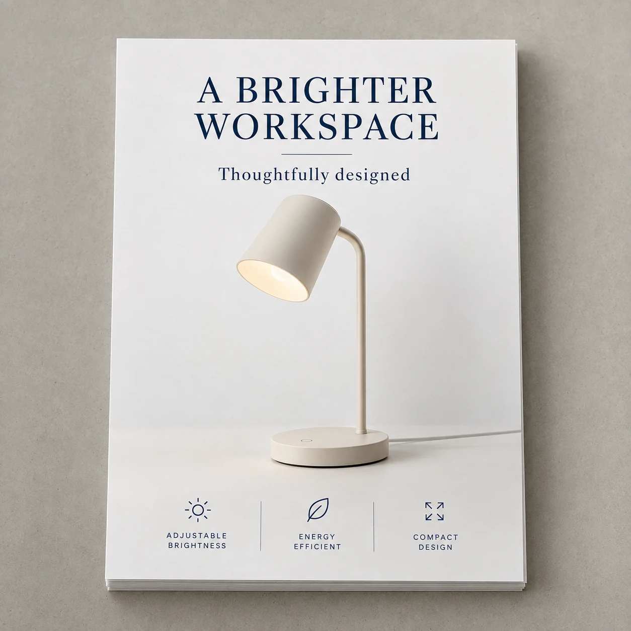 Printed product sell sheets with a desk-lamp photograph and specification blocks photographed on a light studio surface
